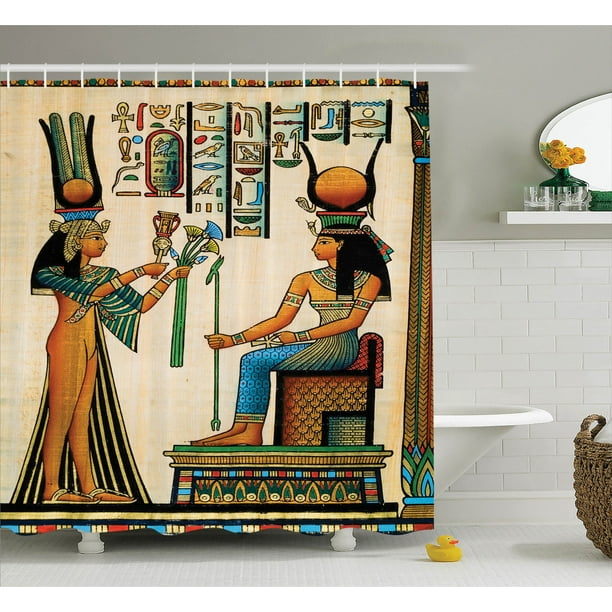 Ancient Egypt Queen Shower Curtain for Bathroom 69X70IN Egyptian Psychedelic Mural Decor Fabric Shower Curtain with 12PCS Hooks Egyptian King and Hieroglyphic Carvings on Papyrus Shower Curtains